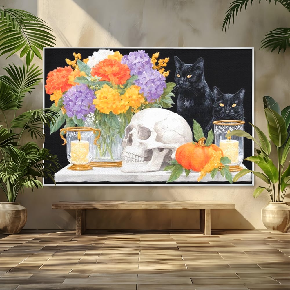 Tablou canvas cu tablou canvas cu pisici negre si craniu, in rama de aluminiu argintiu